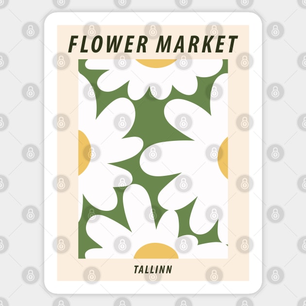 Flower market, Tallinn, Retro print, Indie decor, Cottagecore, Posters aesthetic, Abstract white flowers Sticker by KristinityArt